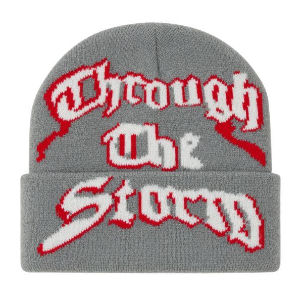 Grey "Through The Storm" Knitted Beanie - Red &amp; White Graphic Winter Hat