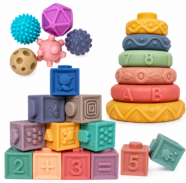 3-in-1 Montessori Baby Toy Set: Teether, Stacking Blocks &amp; Sensory Balls