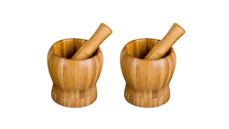 2 Pieces - Bamboo Mortar &amp; Pestle Hand Grinder