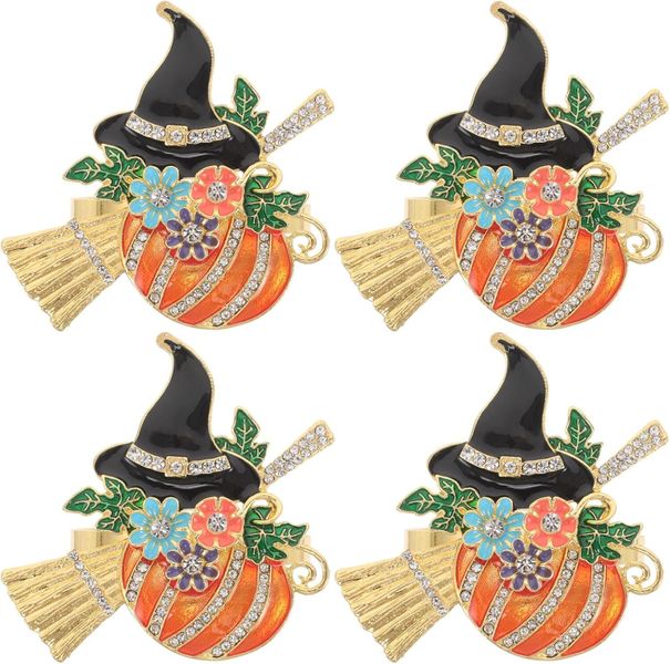 Halloween Pumpkin Napkin Rings with Witch Hat and Broom Design Metal