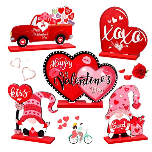 Valentine's Day Tabletop Decoration Set - Wooden Heart &amp; Gnome Designs