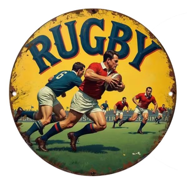 Decor Vintage-Style Round 2D Flat Rugby Match Metal Wall Art - 20cm