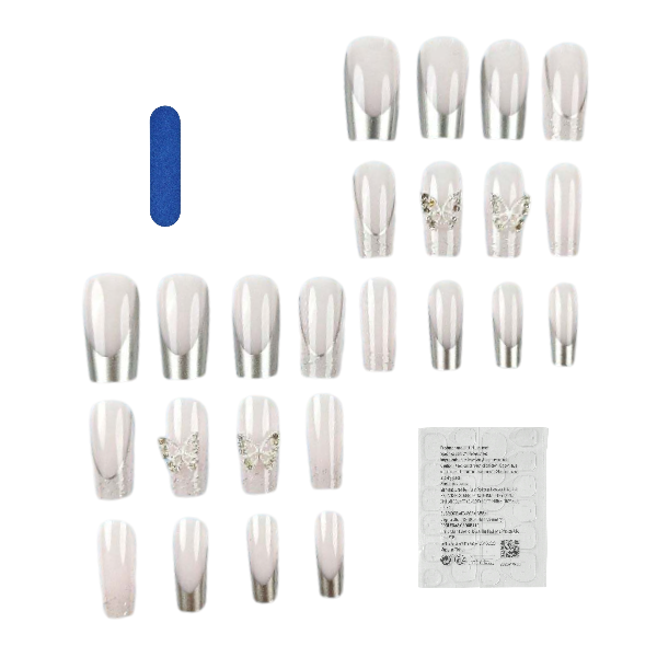 24Pcs Butterfly and Chrome Accent Design Press-On Nail Set - Silver