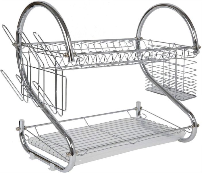 2 Layer Steel Tableware &amp; Dish Rack with Cups and Cutlery Holders