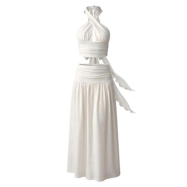 Elegant 2-Piece Halter Crop Top and High-Waist Maxi Skirt Set