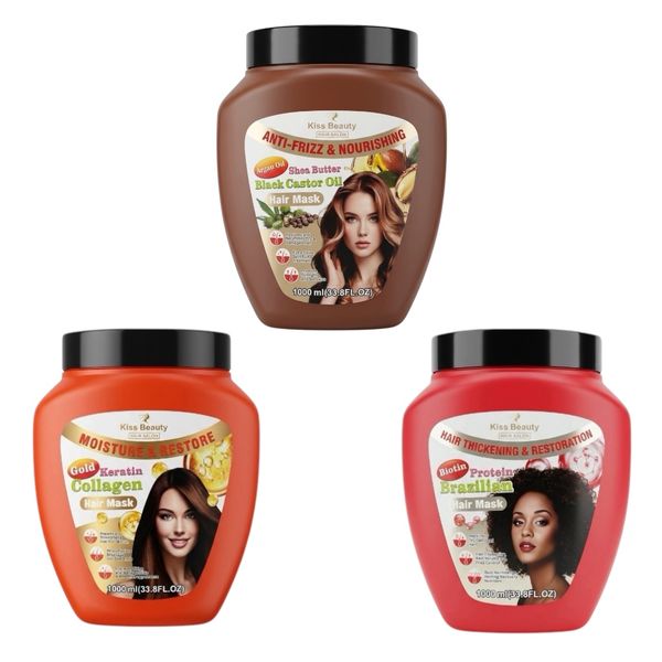 3 Pack - Kiss Beauty Argan Black Castor Oil Keratin Biotin Hair Mask 1000ml