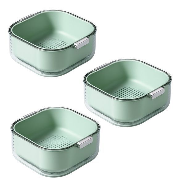 3 Pack - Small Double-Layer Kitchen Washing &amp; Draining Bowl -Avocardo Green