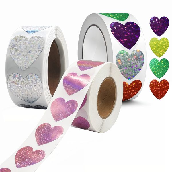 Rainbow Glitter Heart Sticker Roll Colorful Sparkly Heart Stickers -3 Rolls