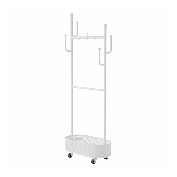 Single Garment Rail with Basket and Hooks - Carbon Steel Rolling Clothes Rack