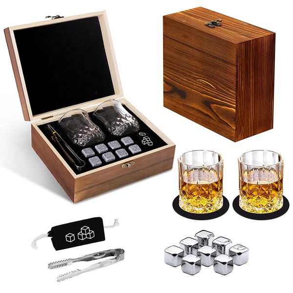 Whiskey Wood Gift Box Set Home Wine Valentine Gift Set Box Glasses &amp; Stones