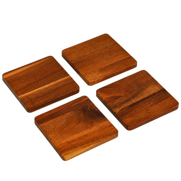 4-Piece Acacia Wood Coaster Set - Brown Wooden Drink Coasters- Eco Friendly