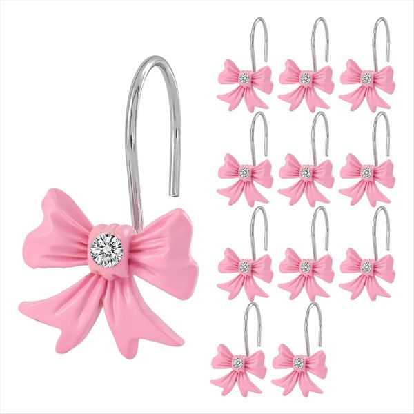 Pink Bow Knot Shower Curtain Hooks 12 PCS Cute Girl Decorative Shower Curta