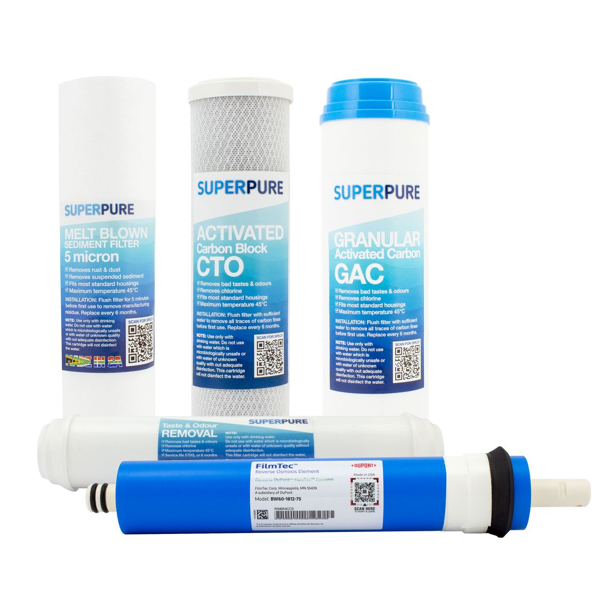SUPERPURE 5-Stage 10 inch Slimline RO Filter Set (incl. Dupont Membrane)