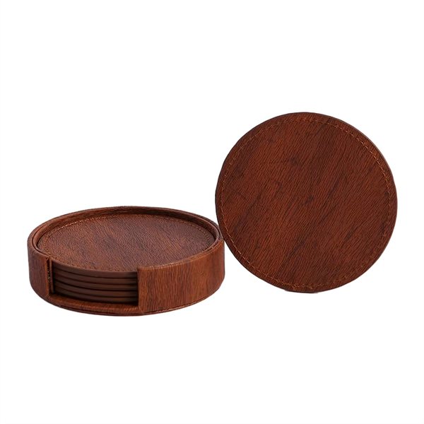 Set of 6 Wood Grain Leather Coasters for Tea &amp; Coffee Cups - Insulated, Non