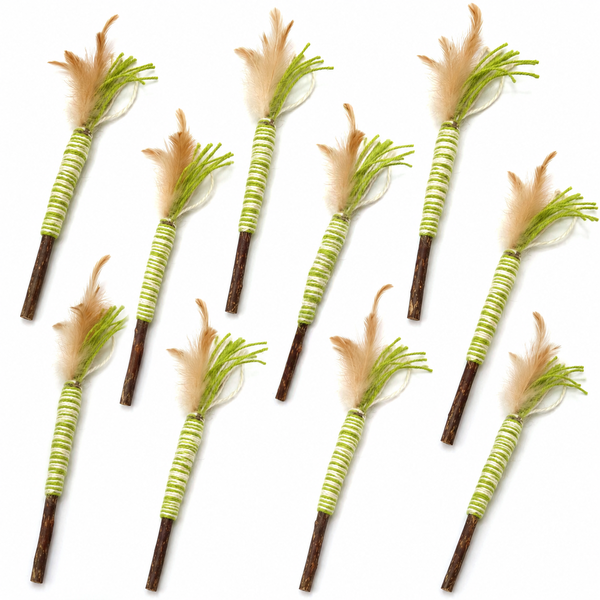 10 Piece Natural Silvervine Cat Chew Sticks with Feathers and Hemp Rope