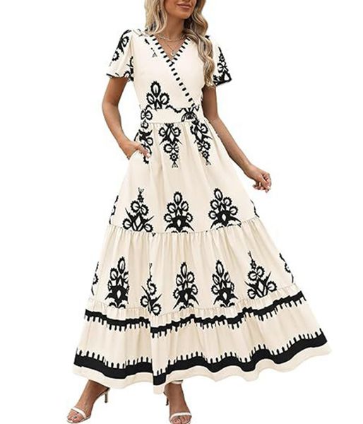 Women's Summer V-neck Bohemian Style Flared Sleeve Layered Floral Dress