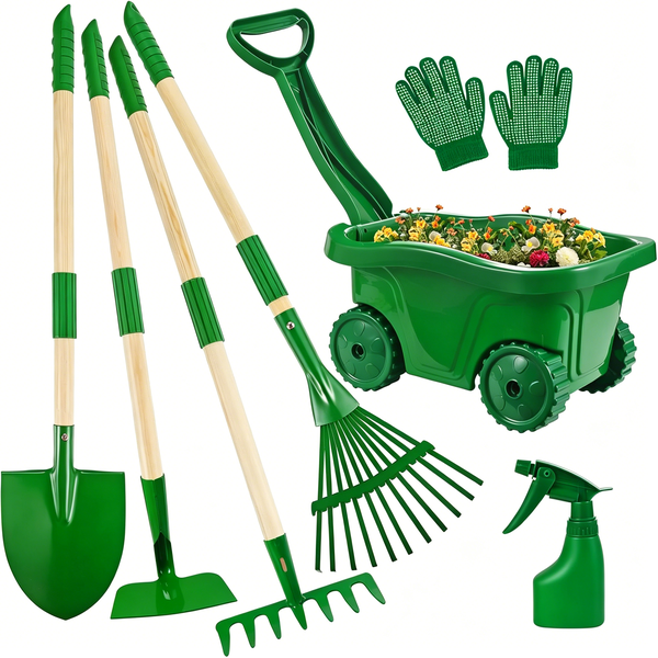 7 Piece Kids Gardening Tools Set Shovel Rake Leaf Rake Wheelbarrow