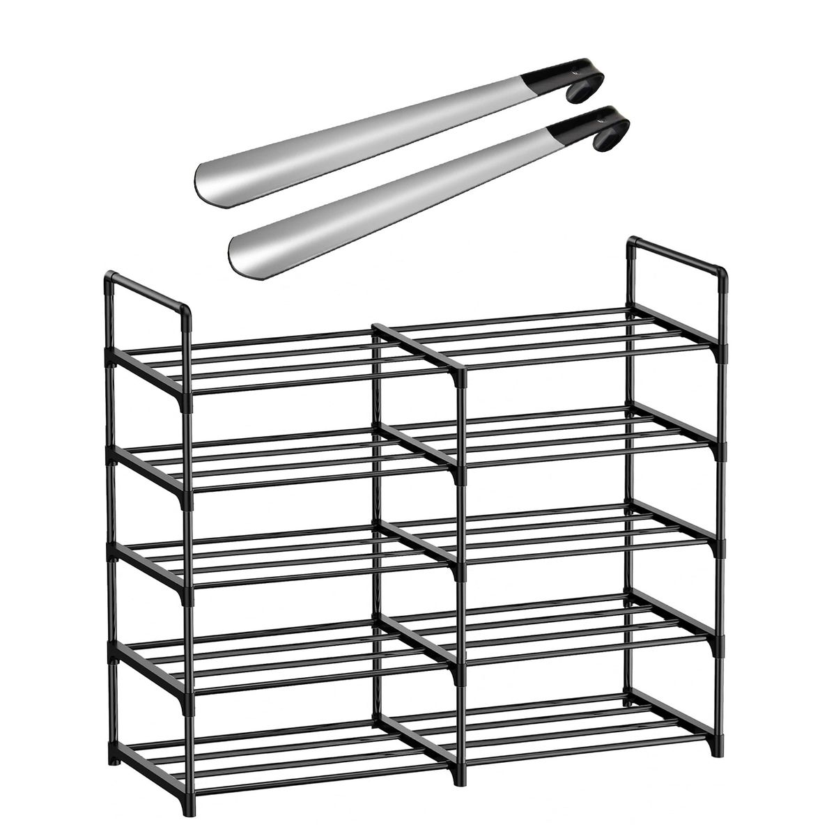 Chenshia S-Steel Shoe Rack & Long Metal Shoe Horns Set-5Tier Organizer Kit