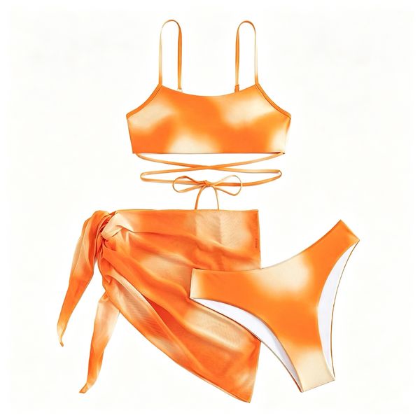 Yellow Swimsuit Set, Tie-Up Design Mesh Swim Skirt