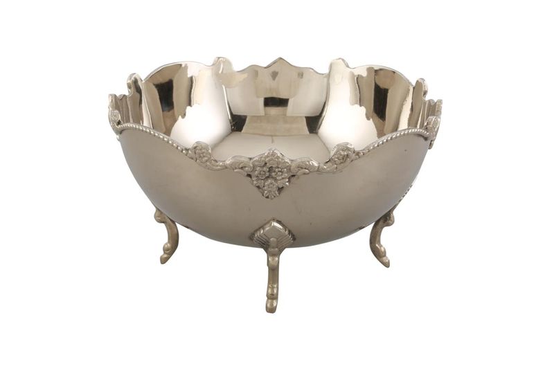 Decorative Round Flower Bowl with Border &amp; Three Legs - Silver Plated