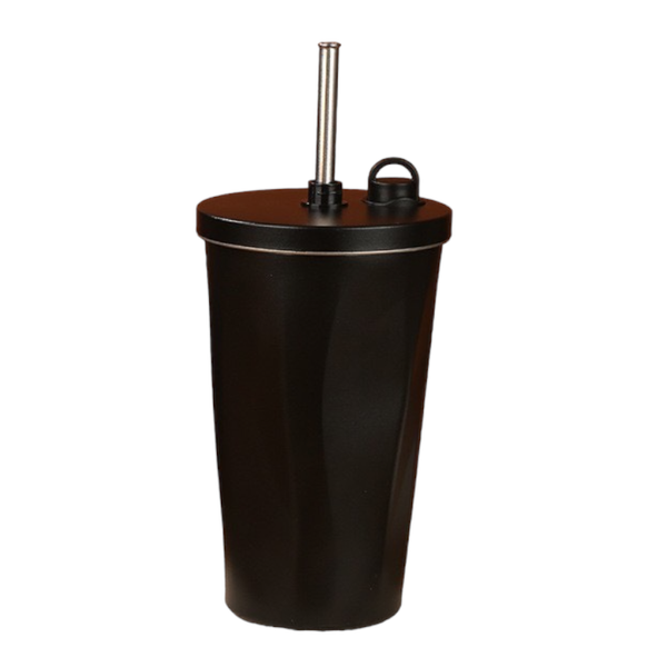 Matte Solid Colour Flask Tumbler with Straw &amp; Lid Vacuum Thermal Mug - 600ml