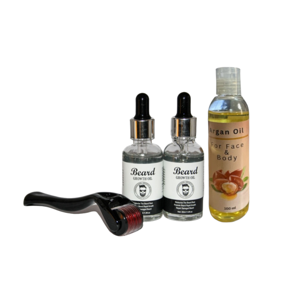 Beard Growth Oil 2 Pack + Derma Roller System Kit With Argan Oil