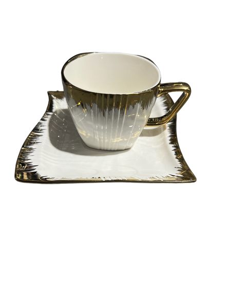 240ml Wave Ceramic Coffee Cup and Sauser with Gold Rim Set of 6