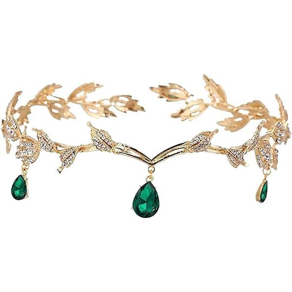 Green Crystal Elf Crown, Leaf Hair Jewellery, Wedding Crown for Woman