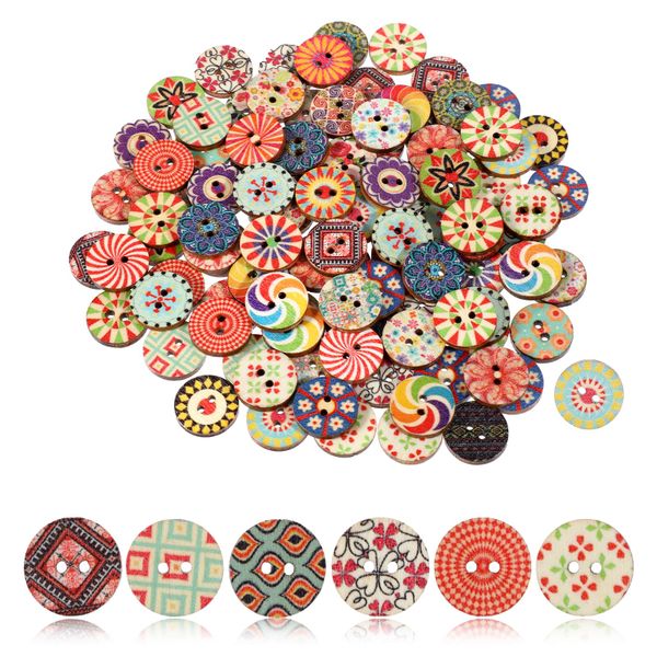 100-Pack Wooden Buttons - Round Vintage DIY Buttons for Sewing &amp; Crafts