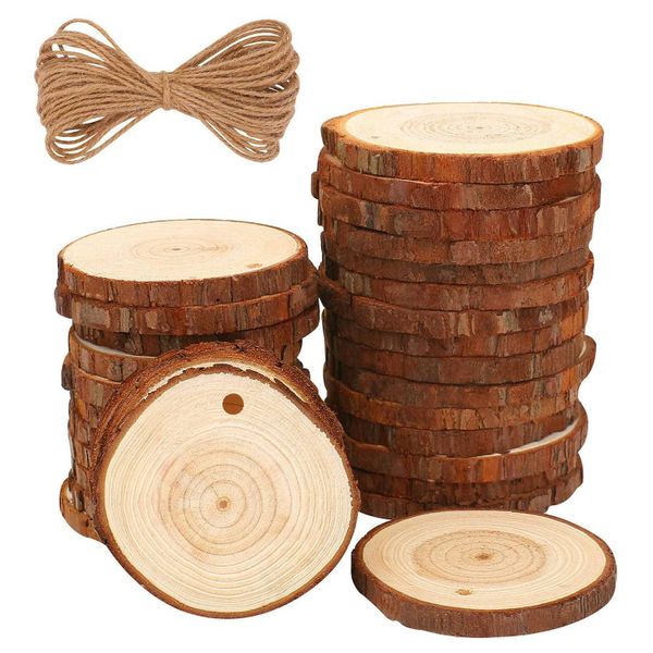 2.4-2.8 inch Natural Wood Slices Craft Wood Kit with Hemp Rope 30Pieces