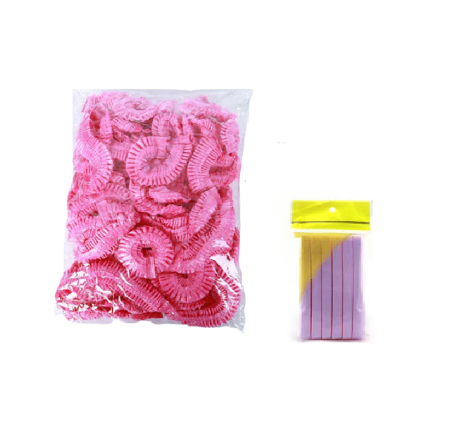 Pink Plastic Disposable Elastic Waterproof Hair Caps 100 Piece Plus Compressed Sponges