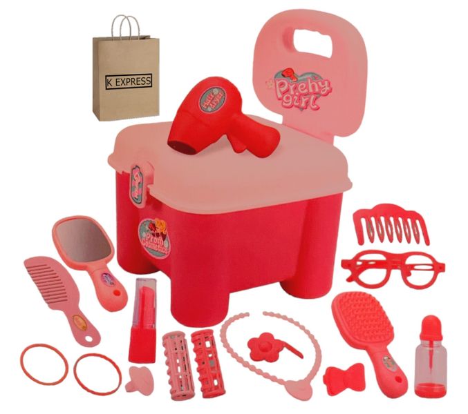 Children's Beauty Pretend Play Set with Stool Storage Case &amp; K Express Bag