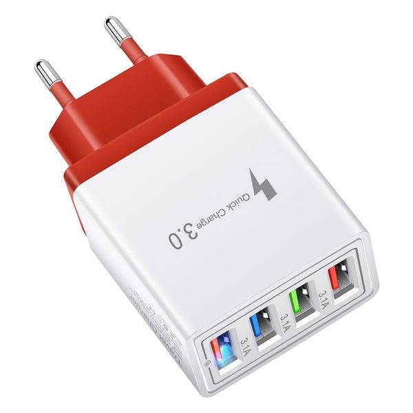 USB Wall Charger/ Adapter - 4 Port Fast Charge Compatible - White &amp; Red