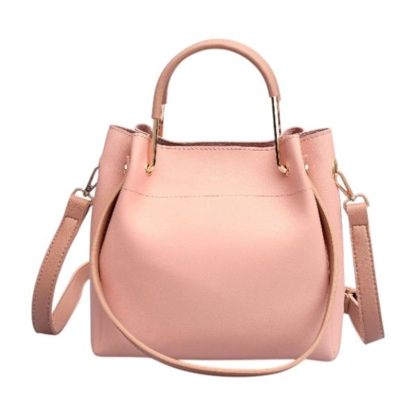Faux Leather Handbag with Top Handle and Crossbody Strap - Pink