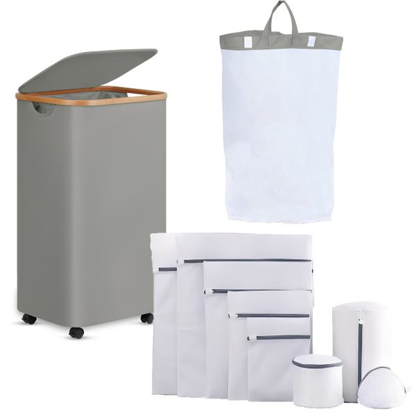 100 Litre Laundry Basket With Lid, Including 9 Mesh Laundry Bags-Furniture