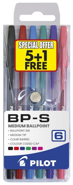 Pilot BP-S Medium Ballpoint Pens - Wallet of 6 Colours