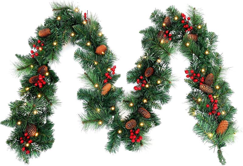 St Charles Prelit Tinsel/Garland with lights Berries and Pinecones- 150cm