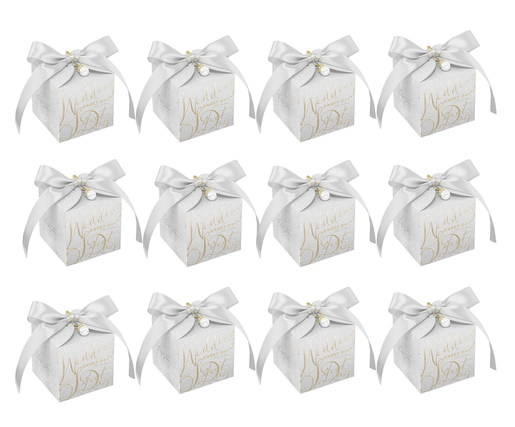 Bestby - Silver Gift Boxes with Ribbon &amp; Pearl for Wedding/Party(12pcs)