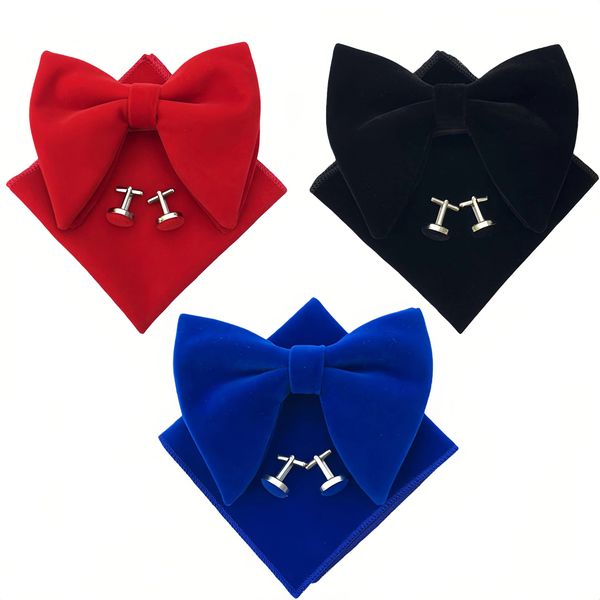 3-Piece Men's Pre-Tied Bow Tie, Velvet Bowtie Cufflinks Hankie Combo Sets