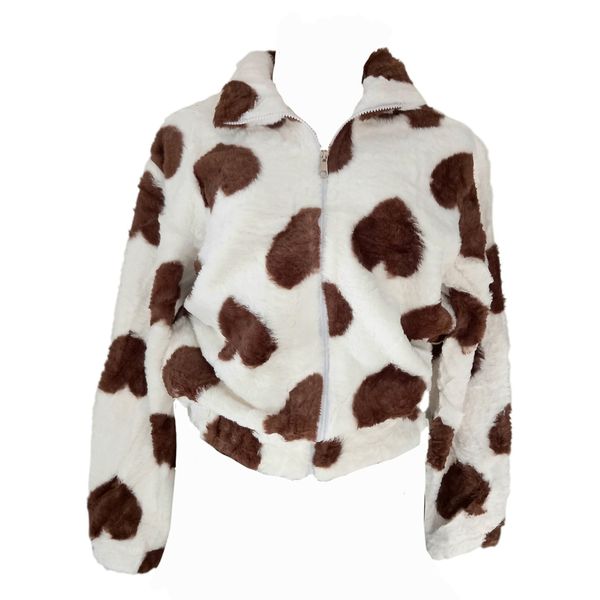 Ladies White and Brown Heart Print Winter Jacket