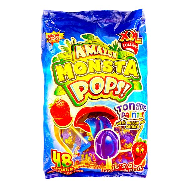 Monsta Pops - 48 Strawberry Watermelon Flavoured Bubblegum Centre Lollipops