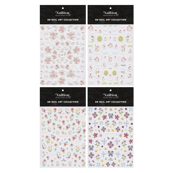 Nailtion 3D Embossed Nail Art Stickers - Mixed Spring Flowers 4 Pieces