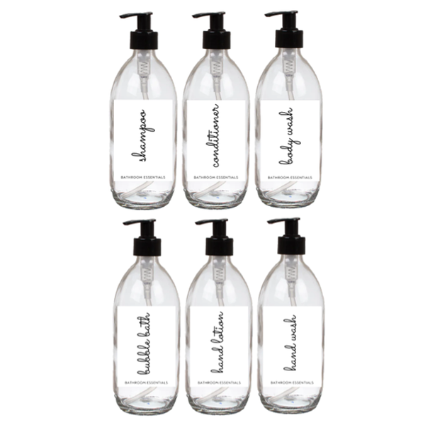 Luxe Glass Bottle Dispenser 6 Piece Set- Refilable 500ml - MadeinSA CLR/CLR