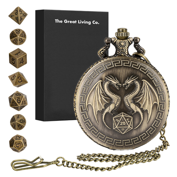 Mini Metal DND Dice Set - 7 Dice with Dragons Pocket Case, Chain &amp; Gift Box