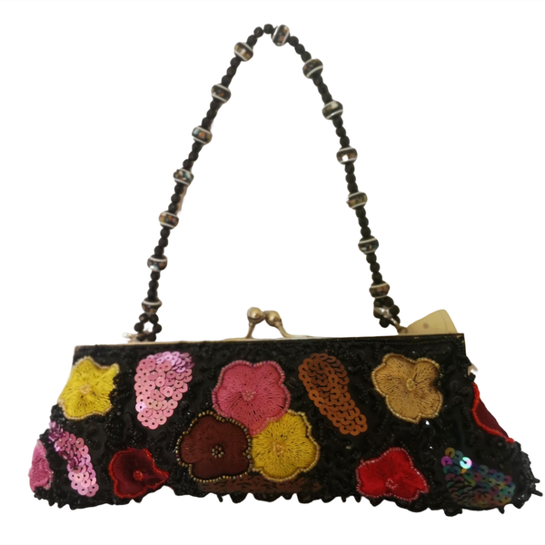 Lavanda Beads Floral Clutch Evening Bag With Beads Handle - Black Floral
