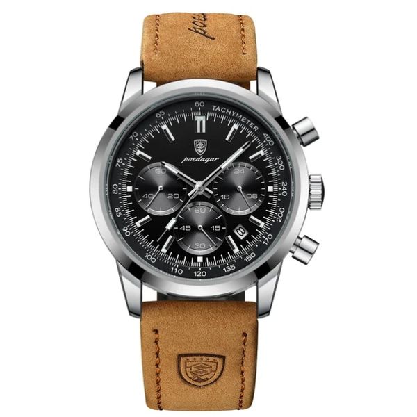 Poedagar - Men Black &amp; Gold Luxury Leather Analogue Watch