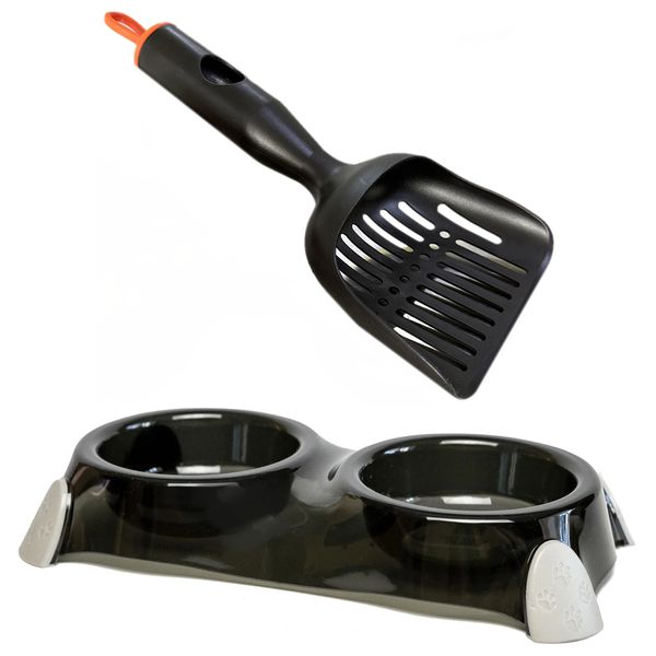 Double Pet Bowl &amp; Cat Litter Scoop Set - Dual Bowl &amp; Bag-Storing Scoop