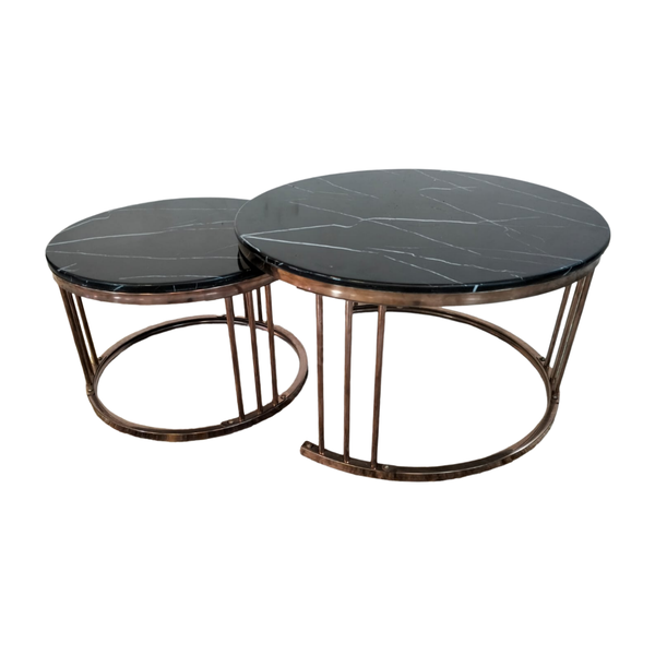 Round White Slate Marble Top Nesting Tables With Gold Frame - 2 Piece