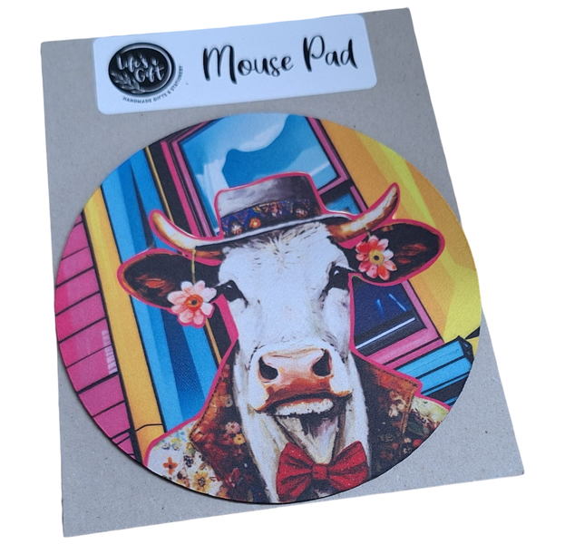 20cm Round Mouse Pad- Cow with Red Bow-Tie, Hat &amp; Flowers