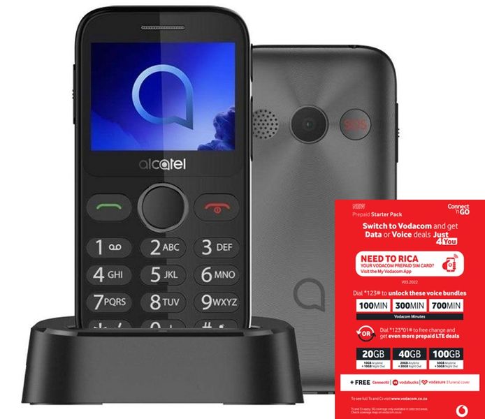 Alcatel 2020X 16MB Single Sim Senior Phone - Metallic Grey + Vodacom Sim Card Pack